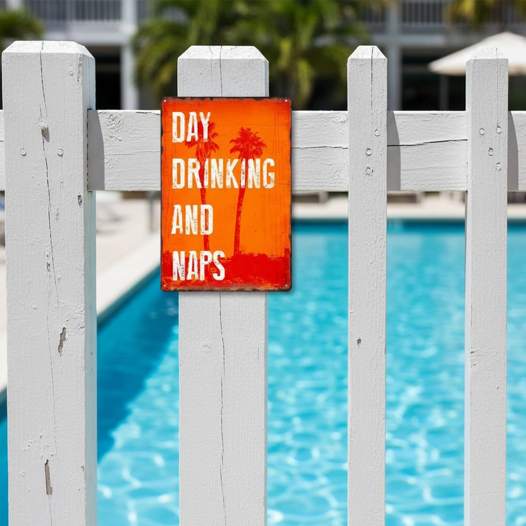 Bar Decor Day Drinking and Naps Metal Sign Palm Trees Vintage Retro Wall Art Tin Signs Beach Decor Gift 8x12 inches